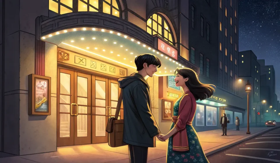 Choosing a Play to Watch in Korean Illustration of a Korean couple deciding between two different plays outside a theater, symbolizing...