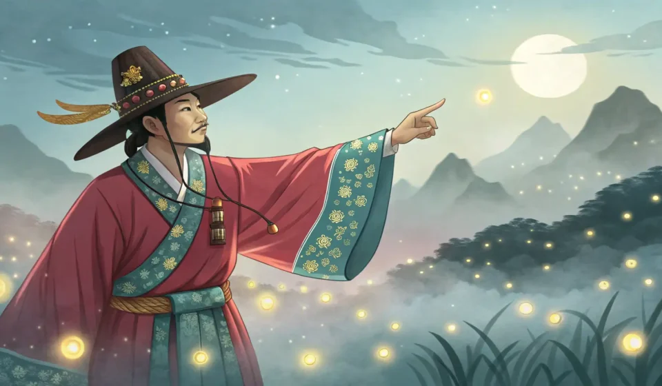 Mastering Korean for Creative Concepts: The Time-Loop Merchant and the Clock Spirit Illustration of a traditional Korean merchant figure interacting with a glowing clock spirit near an...