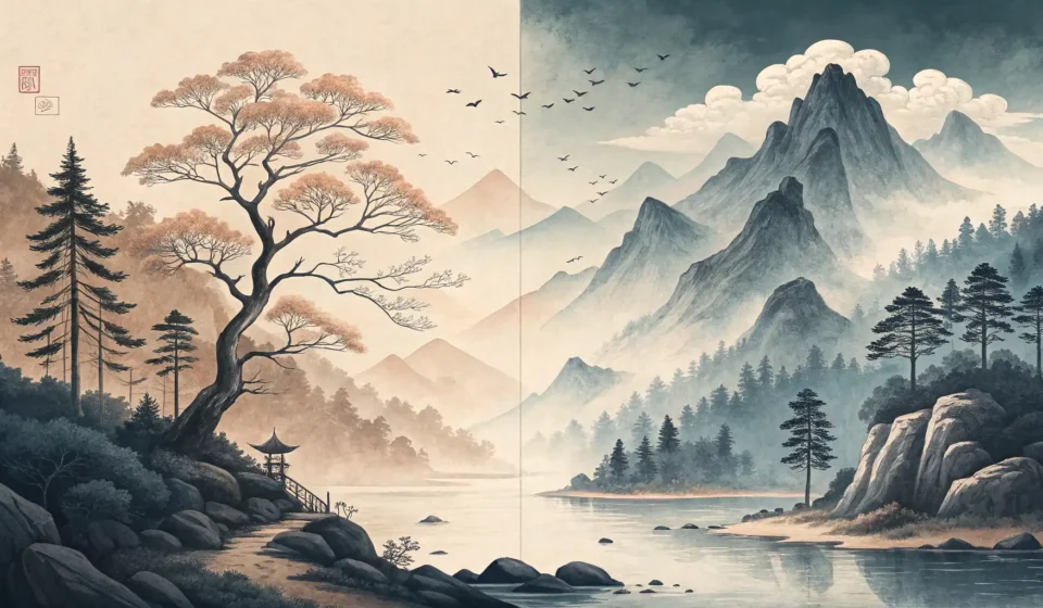How to Express “A Cyborg Poet Debating a Human Dreamer About the Shape of Virtual Hopes” in Korean Thumbnail showing a blend of traditional Korean art style and futuristic digital imagery, symbolizin...