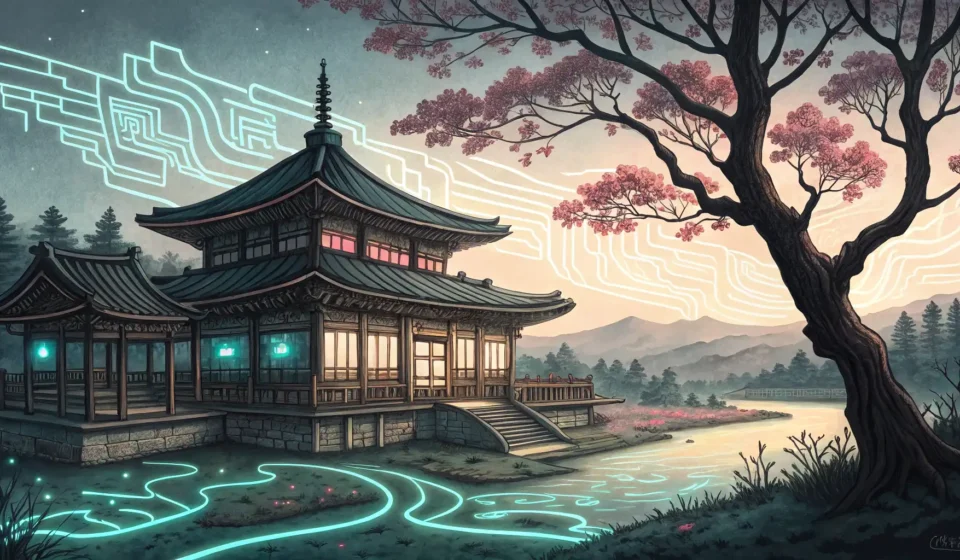 How to Describe a Cyborg Explorer Debating a Jungle Spirit in Korean A Korean ink brush paints glowing digital circuits interwoven with green vines on traditional paper,...