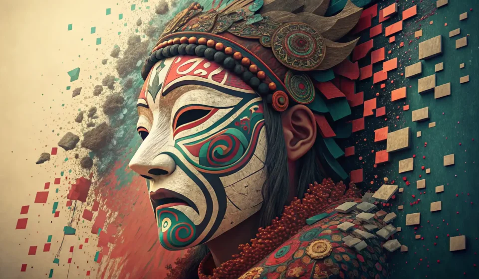 How to Describe a Robot Historian Questioning a Caveman Android About Prehistoric Glitches in Korean A Korean Hahoe mask merging with digital glitches, symbolizing the challenge of expressing complex f...