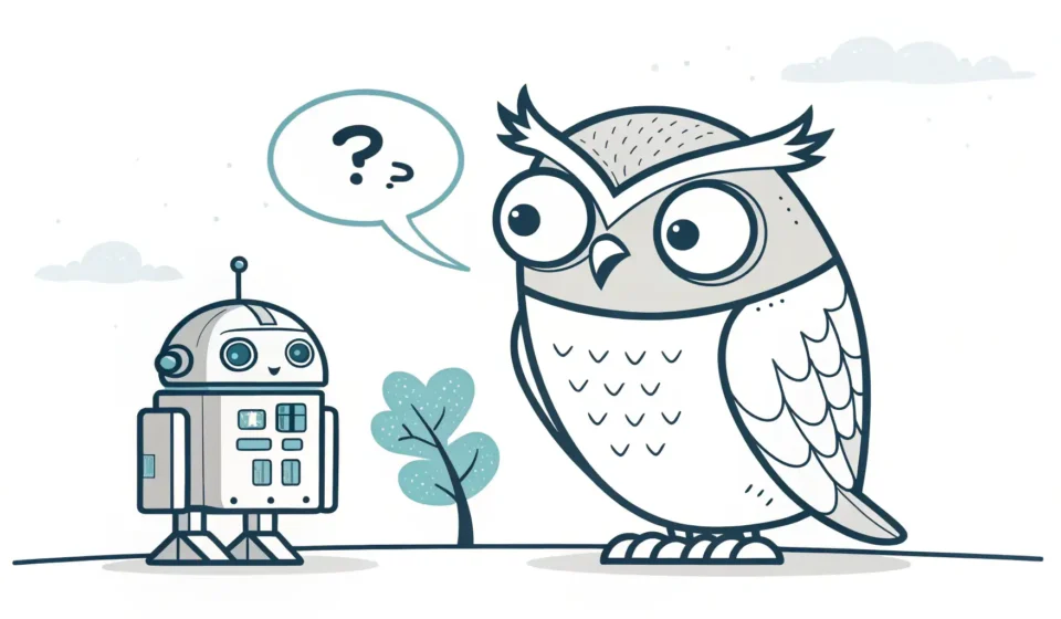 How to Say “A talking owl convincing a lost robot to navigate by lunar binary hoots” in Korean Stylized owl and robot under a moon with binary patterns, symbolizing learning complex Korean phrase...