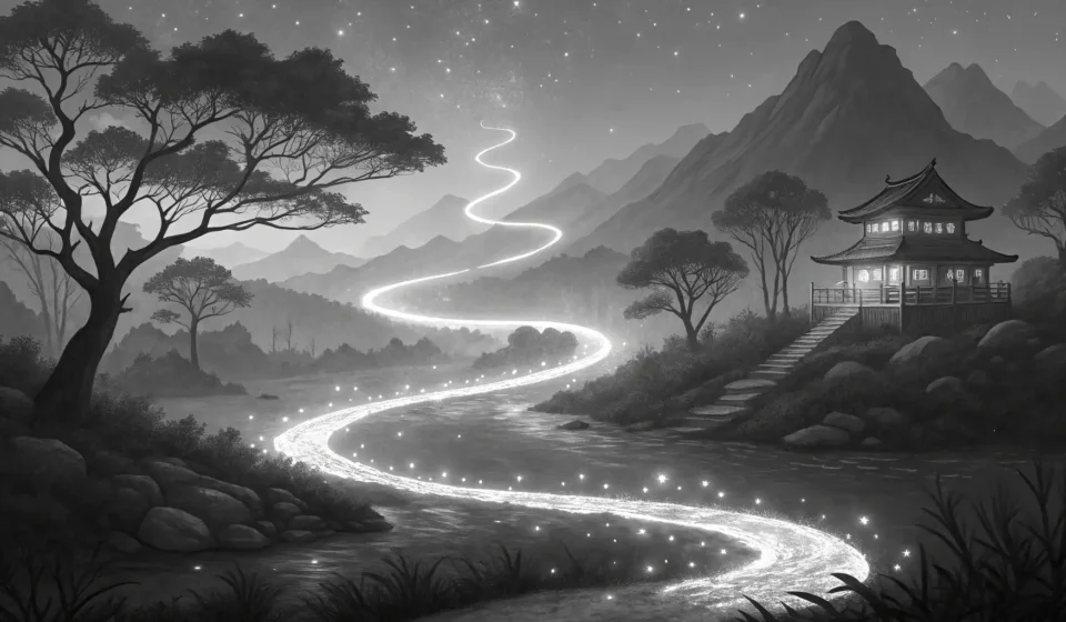 How to Say ‘A Werewolf Ranger Asking a Moonbeam How to Track with Silver Light Beam Trail Paths’ in Korean Stylized Korean ink brush painting a silver light trail towards a full moon, representing learning c...