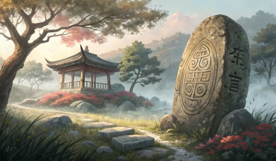 How to Say “A Talking Stone Asking a Lost Dwarf How to Carve with Ancient Echoes” in Korean Stylized Korean folk art depiction of a mystical stone and a small figure in a misty mountain settin...