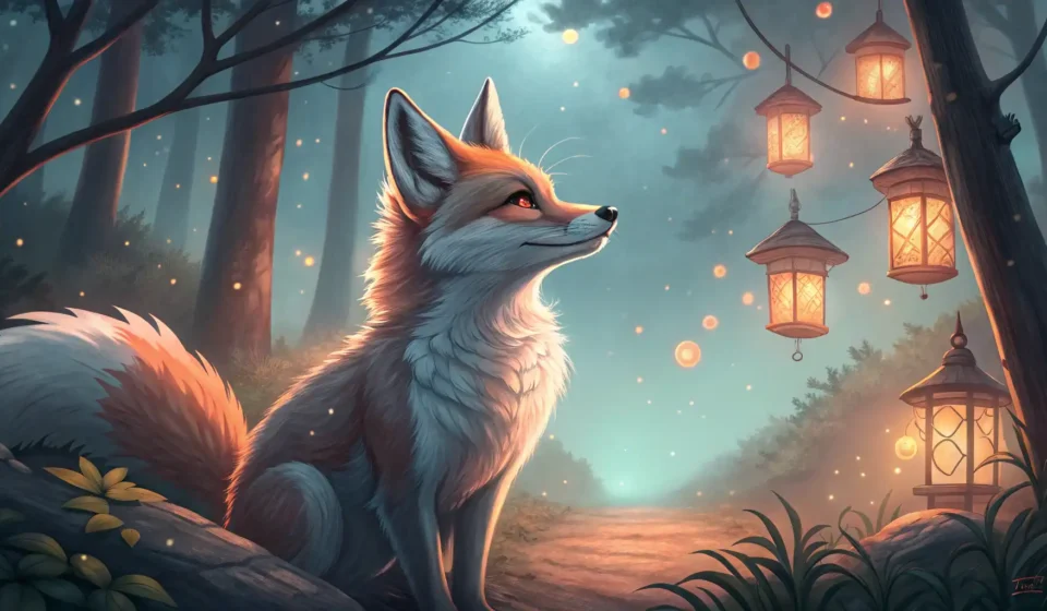 How to Describe Complex Scenes in Korean: The Talking Fox and the Shadow Maze Stylized Korean fox looking at a complex, colorful maze pattern inspired by traditional Korean Danch...