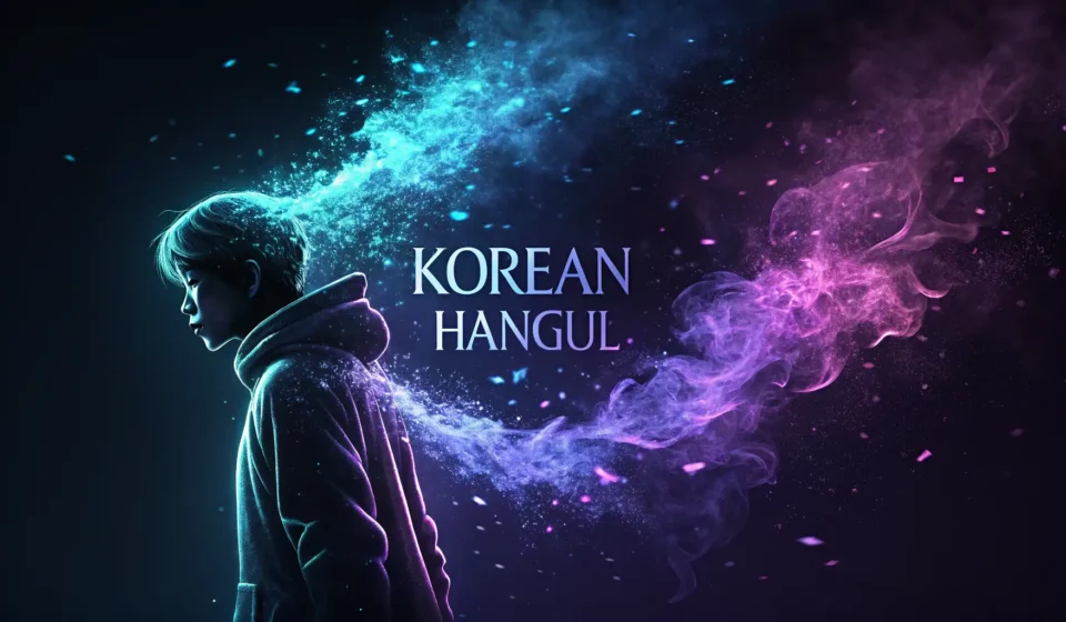 How to Describe Complex Sci-Fi Concepts in Korean: The Space Miner Example Abstract digital art showing a stylized Korean Hangul character dissolving into glowing particles ag...