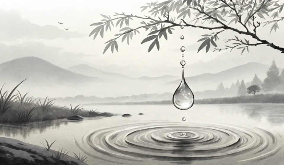 How to Say “A wizard gardener convincing a cloud how to rain on spellbound seeds” in Korean Korean ink painting style image showing a raindrop about to land on a magically sparkling sprout, sy...