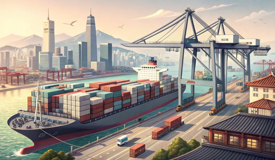 How to Say Container in Korean Illustration of a container ship at a Korean port, symbolizing learning Korean vocabulary for logist...