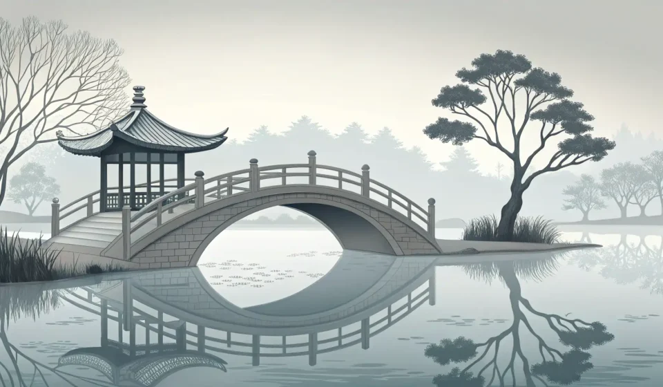 Understanding Couples Counseling in Korean Illustration of a traditional Korean bridge over calm water, symbolizing connection and healing for...