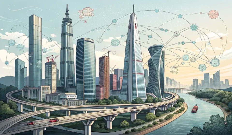 Understanding Cross-Shareholding Restrictions in Korea Stylized illustration of interconnected modern Korean skyscrapers symbolizing business conglomerates...
