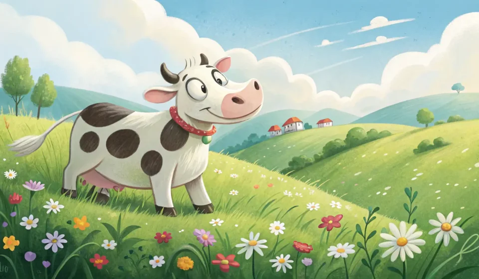 How to Say Dairy Farming in Korean Illustration of a dairy cow in a green pasture, representing the Korean learning topic of dairy farm...