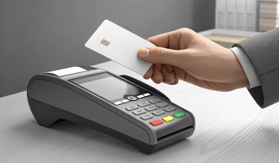 How to Say Debit Card in Korean Illustration of a hand using a generic card at a payment terminal in a modern Korean store setting,...