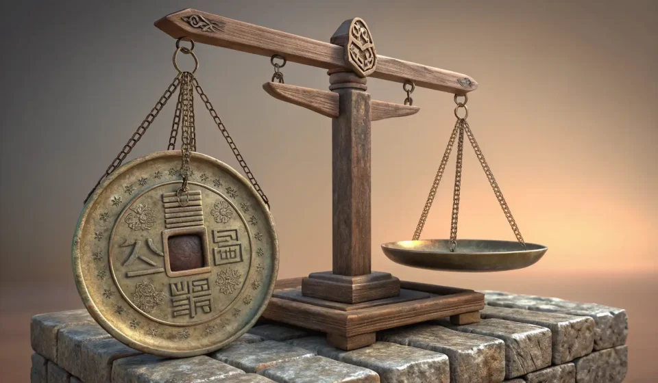 How to Say Debt Collection in Korean Illustration of an unbalanced traditional Korean scale symbolizing financial obligation or debt coll...