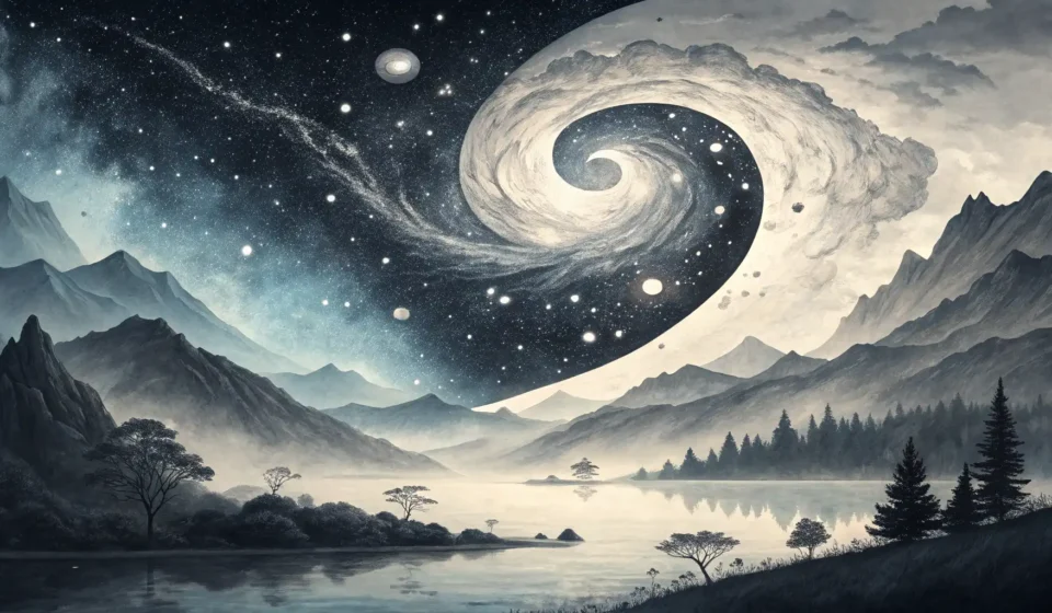 How to Describe a Fantastical Debate: Space Miner vs. Moon Sprite in Korean Abstract Korean ink wash style image showing a split scene of dark space and a dusty moonscape, divi...