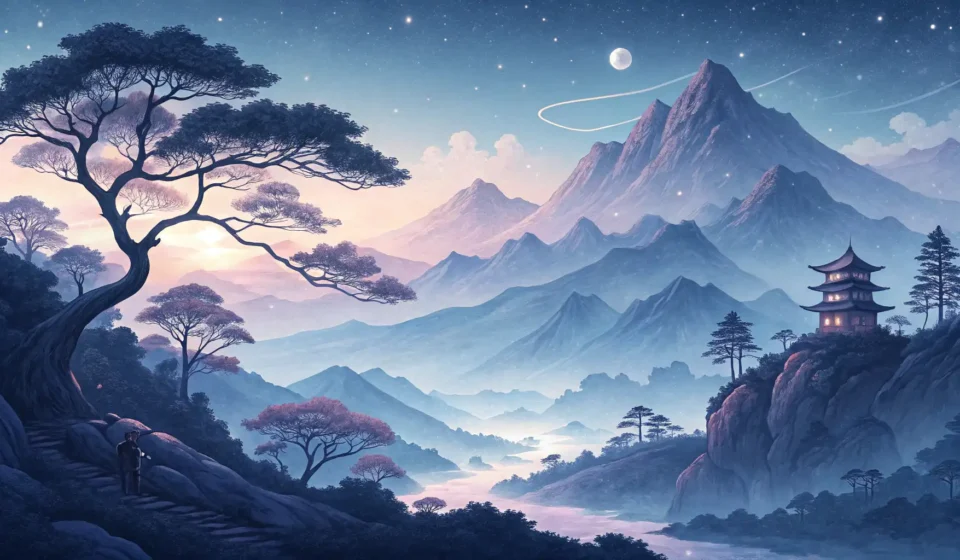 How to Describe Fantastical Scenes: The Talking Stone and the Dwarf Stylized Korean ink wash painting of a mystical landscape with glowing symbols near a stone, represe...