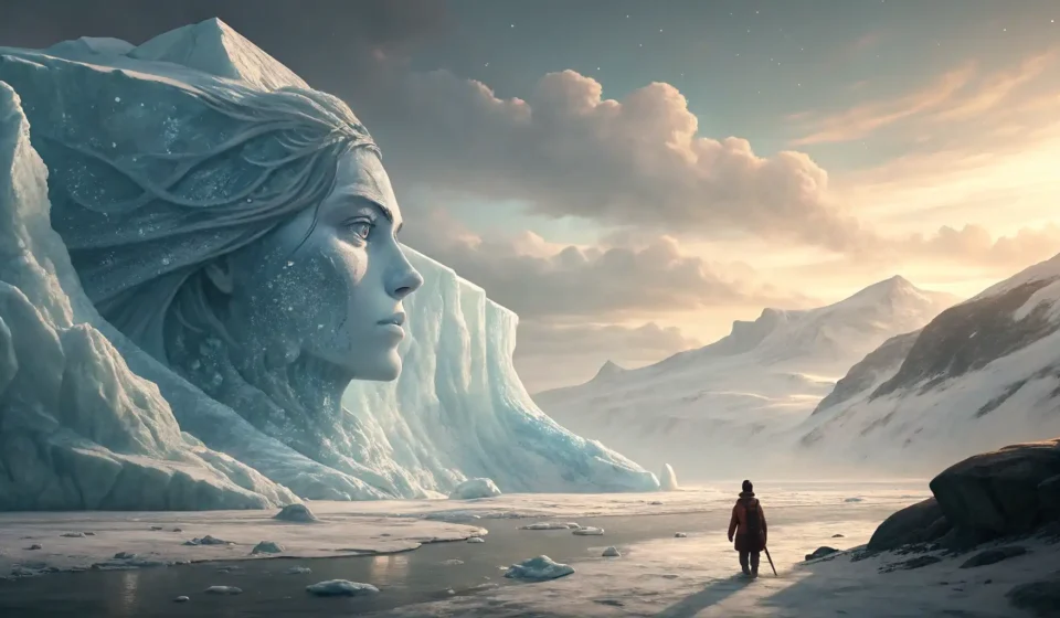 How to Describe a Sentient Glacier Debating a Climber in Korean Illustration depicting a massive, sentient-looking glacier facing a small climber, with melting ice...