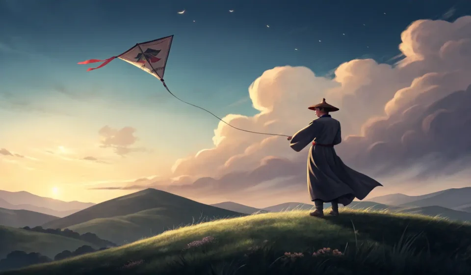 Describing Imaginative Scenes in Korean: The Storm and the Kite Flyer Illustration of a traditional Korean kite flying against a dramatic storm cloud with lightning, symb...