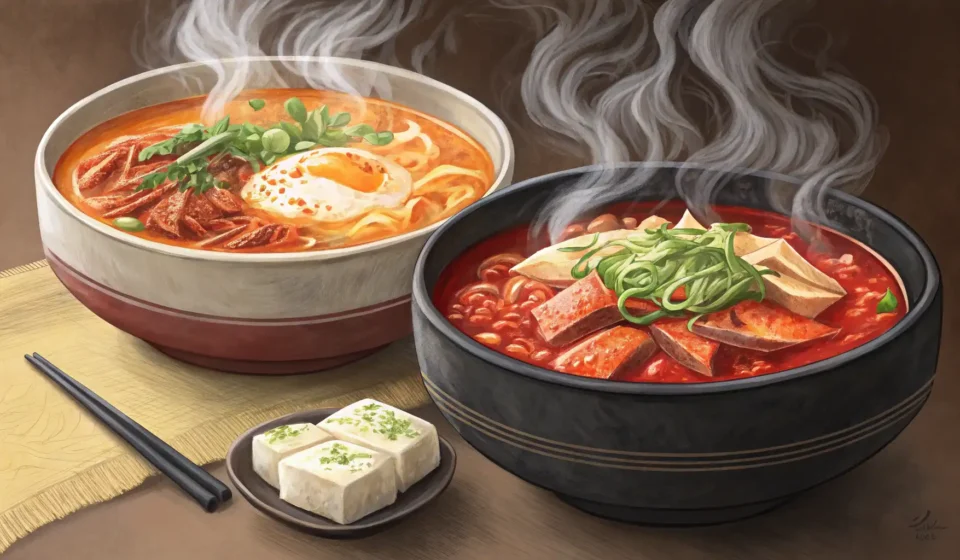 Korean Phrases for Arguing About Dinner Choices Two steaming bowls of Korean food, kimchi jjigae and japchae, side-by-side on a table, symbolizing a...