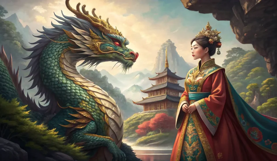 Dragon Diplomacy: Negotiating Peace and Trade in Korean Fantasy illustration depicting a dragon diplomat negotiating with a Korean queen in a palace, showca...