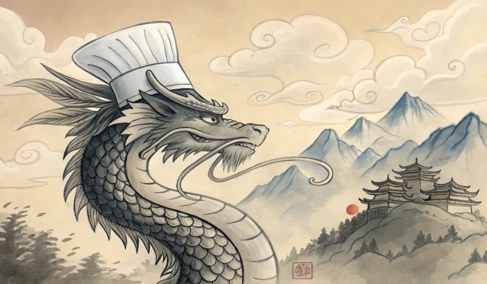 How to Say “A Dragon Chef Negotiating with a Phoenix for a Flame of Reborn Flavor” in Korean Stylized Korean ink wash illustration of a dragon in a chef hat and a phoenix facing each other over...