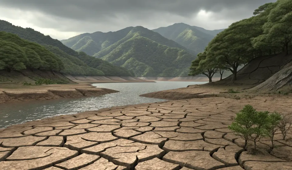 How to Prepare for Drought in Korean A Korean reservoir with low water levels and cracked earth under a sunny sky, illustrating the conce...