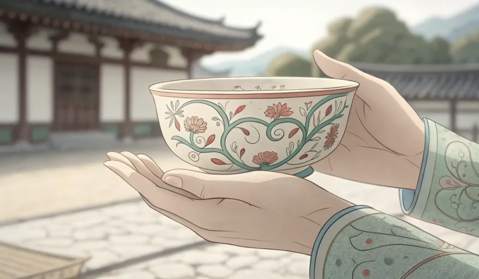 How to Say Dysphagia in Korean Illustration symbolizing care and difficulty swallowing: gentle hands offering a Korean cup, represe...