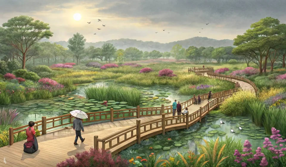 How to Say Ecological Park in Korean Scenic Korean ecological park featuring a wooden boardwalk winding through lush wetlands and diverse...