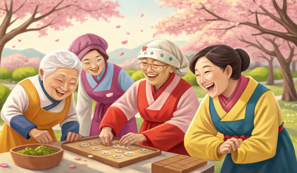 How to Say Elderly Education in Korean Illustration of smiling Korean seniors enjoying a calligraphy class, representing the concept of eld...