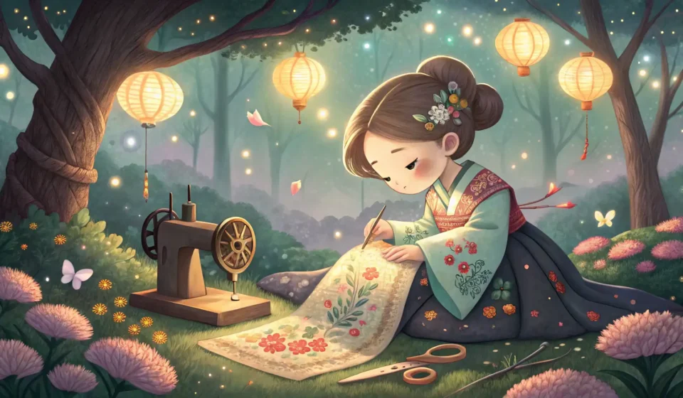 How to Talk About a Fairy Tailor Negotiating with a Cloud Weaver in Korean Whimsical illustration of a fairy tailor discussing ethereal mist-thread with a cloud weaver figure...