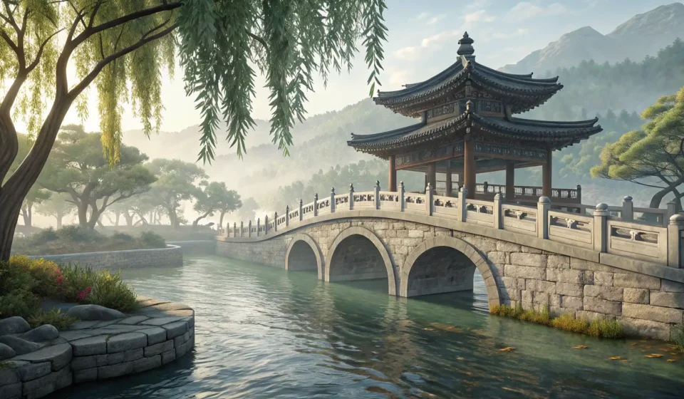 How to Express “A Sentient River Asking a Bridge Guard How to Flow with Fish Freedom” in Korean Stylized illustration of a Korean river, bridge, and guard silhouette with glowing fish, representin...