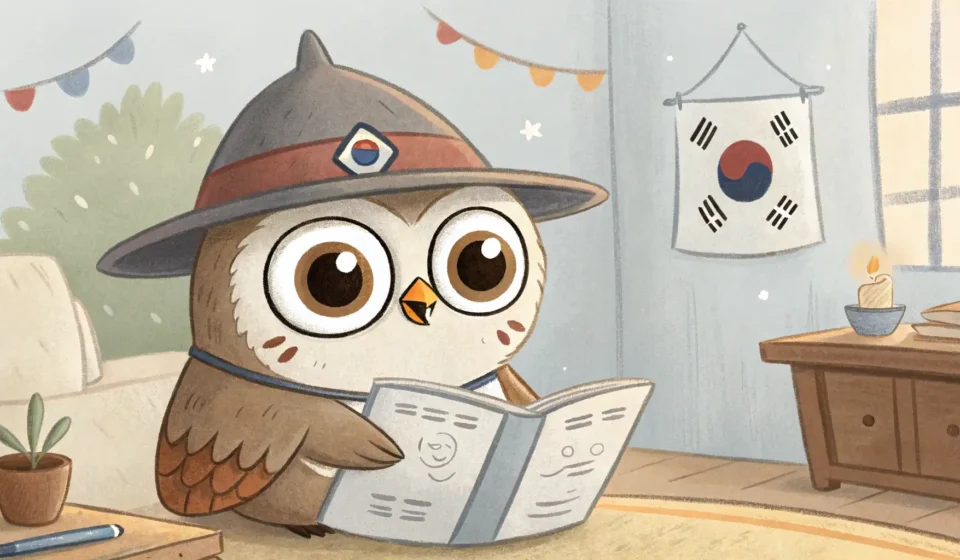 How to Describe Fantastical Scenes in Korean: The Talking Owl and Lost Robot Example Illustration of a cute owl in a Korean traditional hat curiously observing a small robot under binar...