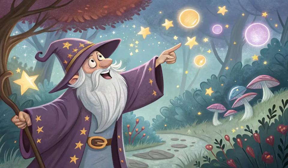 How to Describe a Wizard Arguing with a Sentient Bookshelf in Korean Illustration of an elderly wizard debating with a sentient, ornate bookshelf in a magical study, sym...