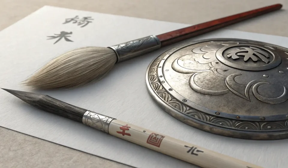How to Discuss Dragon Scale Armor Crafting in Korean A Korean ink brush lies next to combined steel shield and dragon scale materials, symbolizing learni...