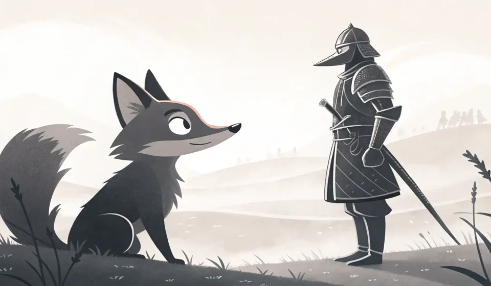 How to Discuss a Talking Fox Debating a Knight in Korean Stylized Korean ink painting thumbnail showing silhouettes of a fox and knight near a traditional ga...