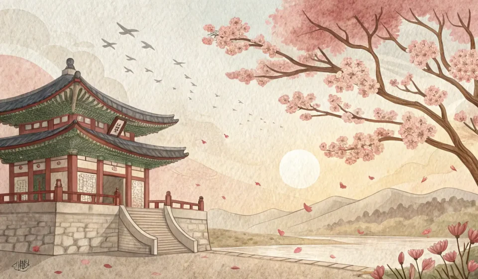 How to Describe a Fairy Baker and a Wind Imp in Korean Whimsical illustration for a Korean language lesson on fantasy descriptions, featuring glowing parti...