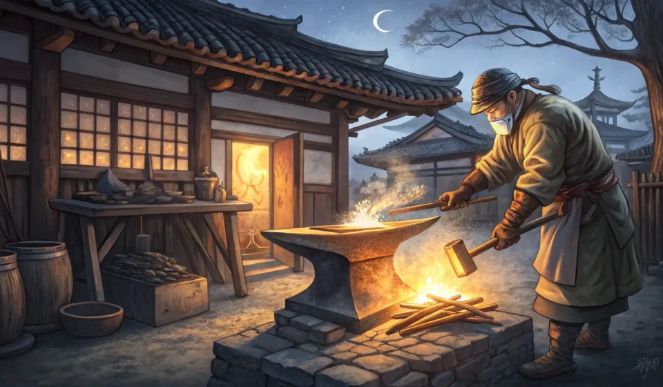 How to Roleplay a Dragon Trader and Human Smith in Korean A Korean blacksmith's forge with glowing dragon claws on an anvil, symbolizing learning Korean fanta...