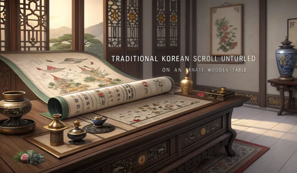 Negotiating Peace: Dragon & Human Diplomacy in Korean A Korean scroll, glowing gems, and a goblet symbolizing a fantasy trade negotiation, representing Ko...