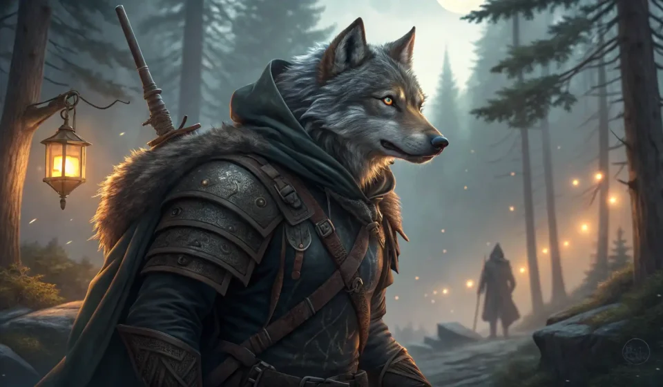 How to Express “A Werewolf Ranger Negotiating with a Moonbeam for a Silver-Lit Trail” in Korean Stylized illustration of a werewolf ranger in a moonlit forest gesturing towards a moonbeam illumina...
