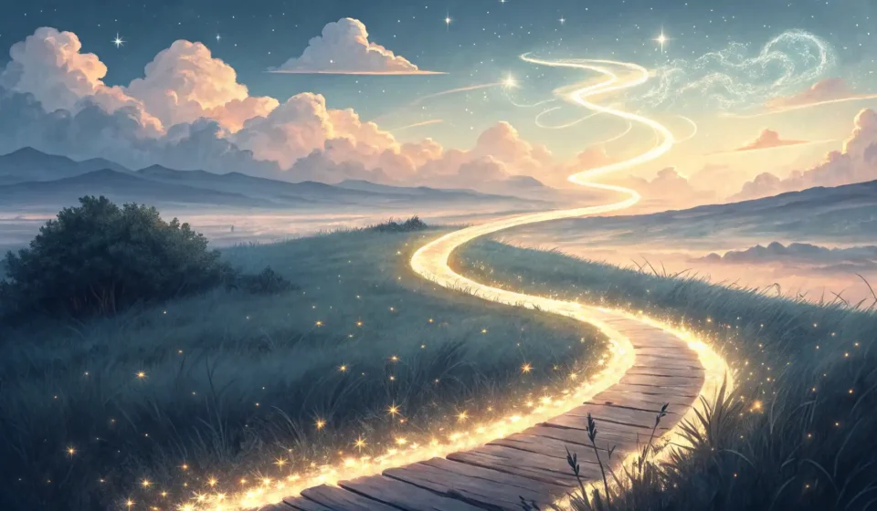 How to Say “A werewolf ranger debating a moonbeam about the path of night trails” in Korean Symbolic image for learning Korean fantasy phrases, showing a glowing brushstroke path under a moon...