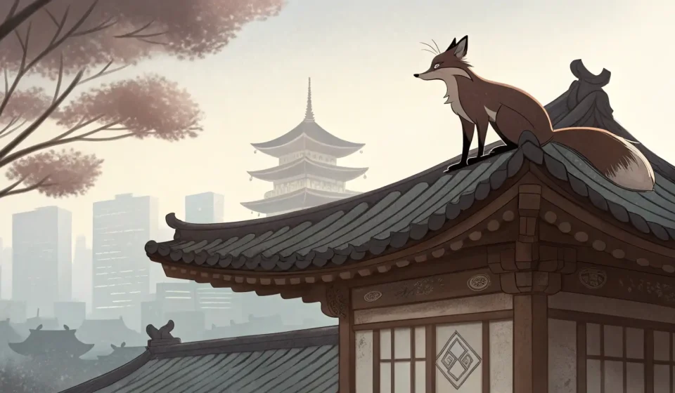 How to Express ‘A Talking Fox Debating a Lost Witch About Cunning Potions’ in Korean Stylized illustration of a fox silhouette on a Korean Hanok roof at night, with glowing potion bottl...