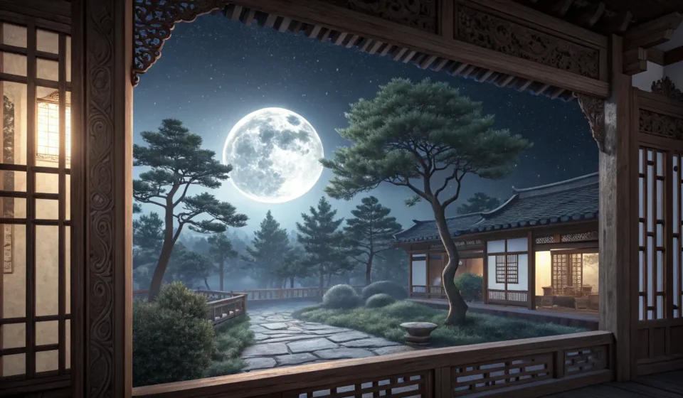 How to Say ‘A werewolf poet debating a vampire about the howl of lunar elegies’ in Korean A traditional Korean scholar's desk with scrolls viewed through a window looking out onto a full moo...
