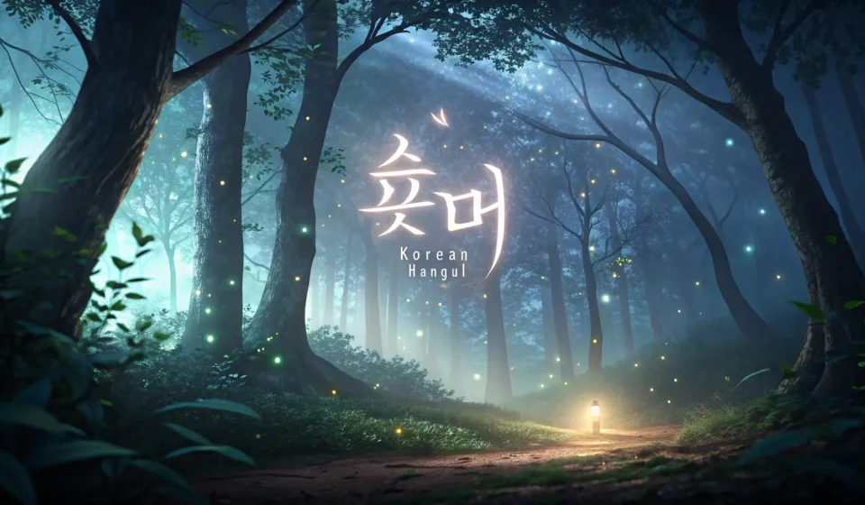 How to Express Complex Fantasy Concepts in Korean: A Fairy Jeweler Example Abstract Korean Hangul script integrated into a magical forest scene with glowing gems, symbolizing...