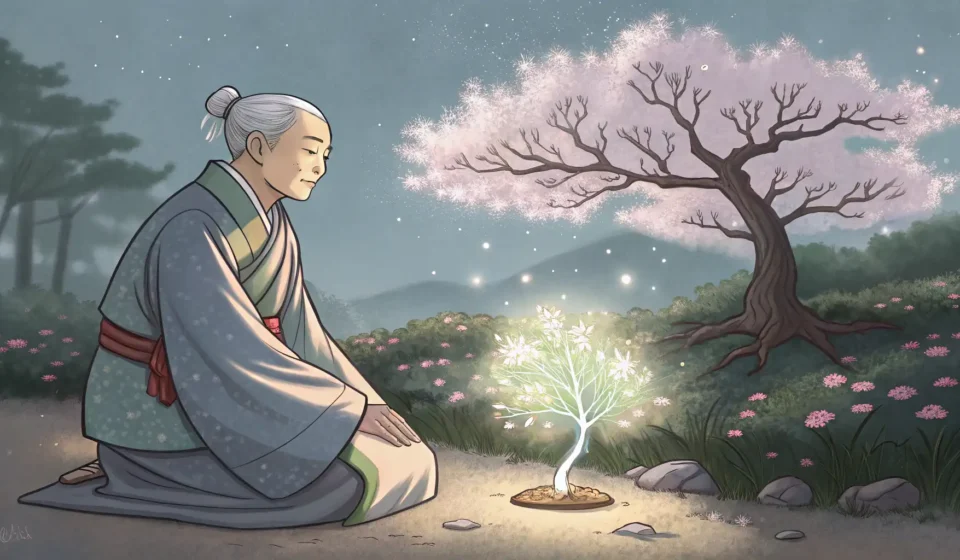 How to Say ‘A Wizard Gardener Asking a Dryad How to Grow Trees That Whisper Spells’ in Korean A figure in Korean hanbok tends to a glowing magical sapling in a misty forest, symbolizing learning...