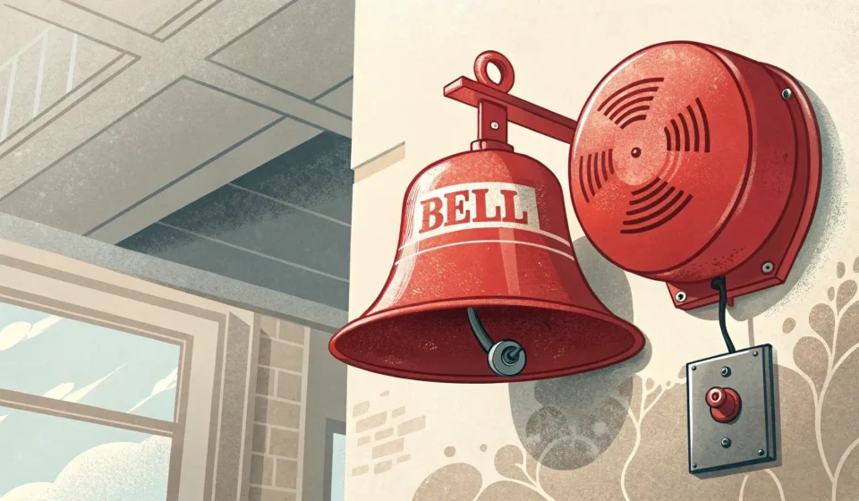 How to Say Fire Alarm in Korean Illustration of a red fire alarm bell against a Korean patterned wall, representing learning Korean...