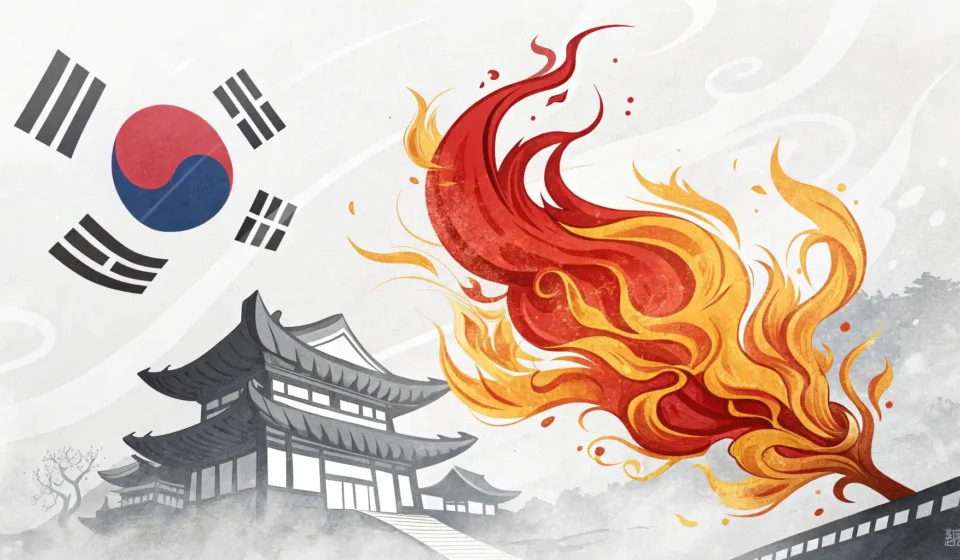 Time-Traveling Chef Meets Caveman: Asking About Fire in Korean Stylized image of a vibrant fire symbolizing learning how to use fire and cook in Korean.