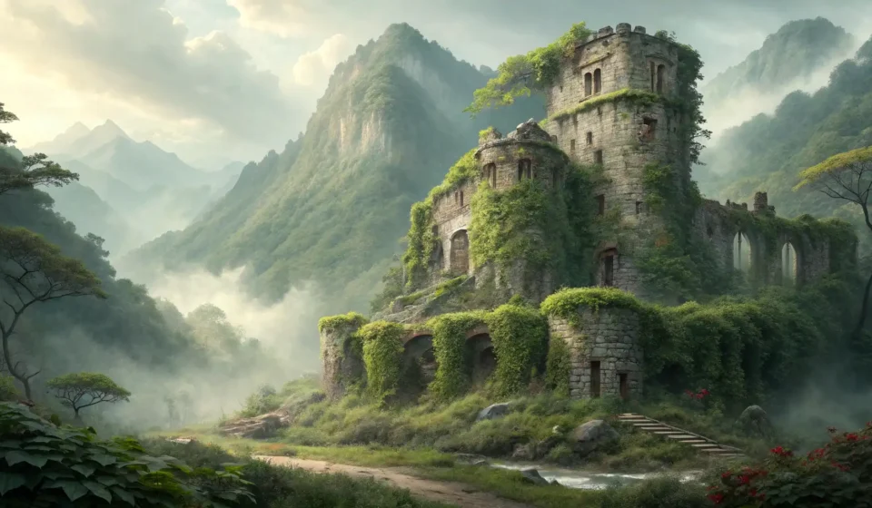 Asking About a Forgotten Castle in the Korean Countryside Atmospheric image of misty Korean mountainside revealing ancient, overgrown castle ruins, symbolizin...