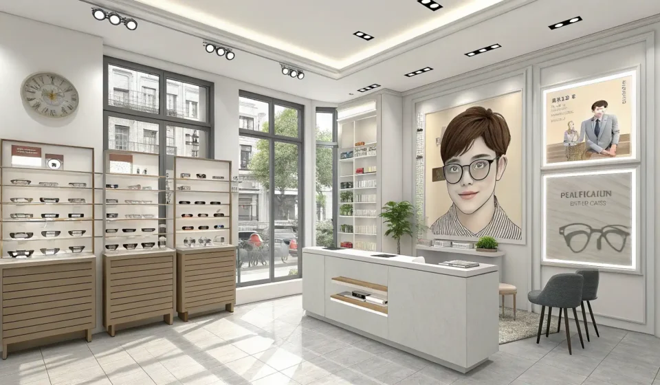 Getting Prescription Glasses in Korea Interior view of a modern Korean optician's shop showing shelves neatly displaying various styles of...