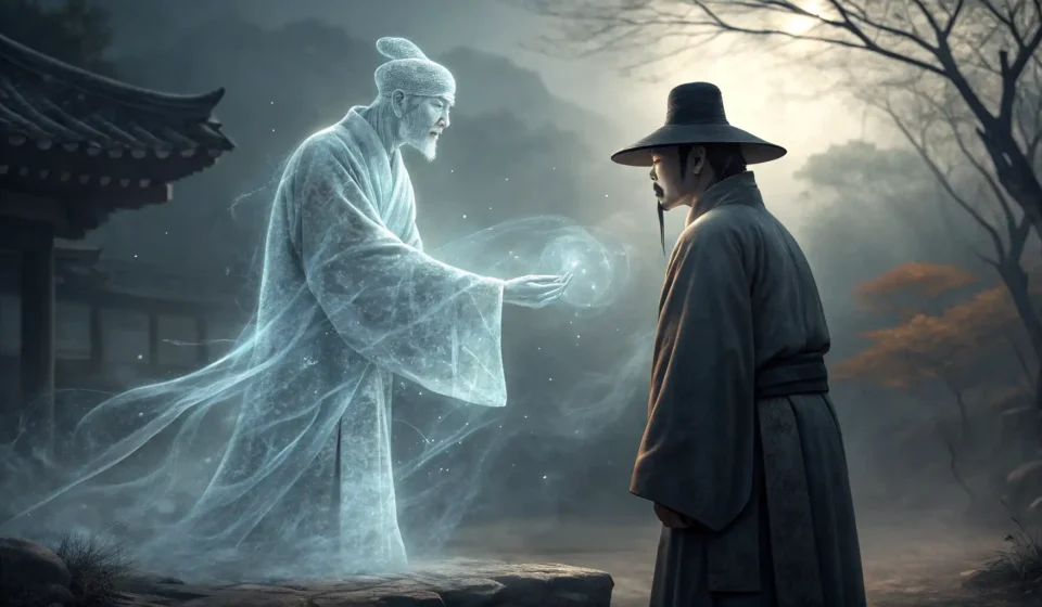 How to Say: A Ghost Sculptor Negotiating with a Living Mason for a Shadow Chisel Trade Illustration depicting a translucent Korean ghost sculptor figure gesturing towards a solid Korean m...
