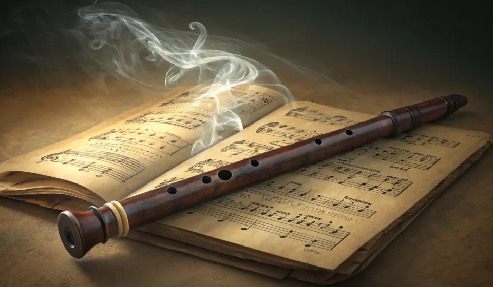 How to Express “A Ghost Composer Convincing a Living Flutist to Play a Phantom Gust Silent Storm Melody” in Korean Traditional Korean daegeum flute resting on sheet music, shrouded in a faint, ghostly mist, symboliz...