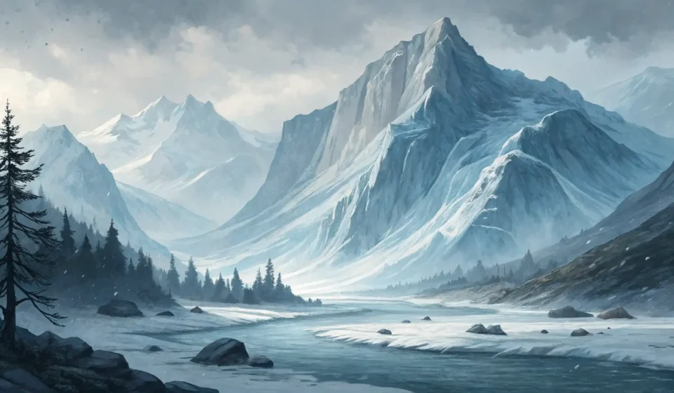 How to Say “A Sentient Glacier Explaining to a Skier Why It Groans Under Moonlight” in Korean Stylized illustration of a skier looking up at a massive glacier under moonlight, symbolizing a comp...